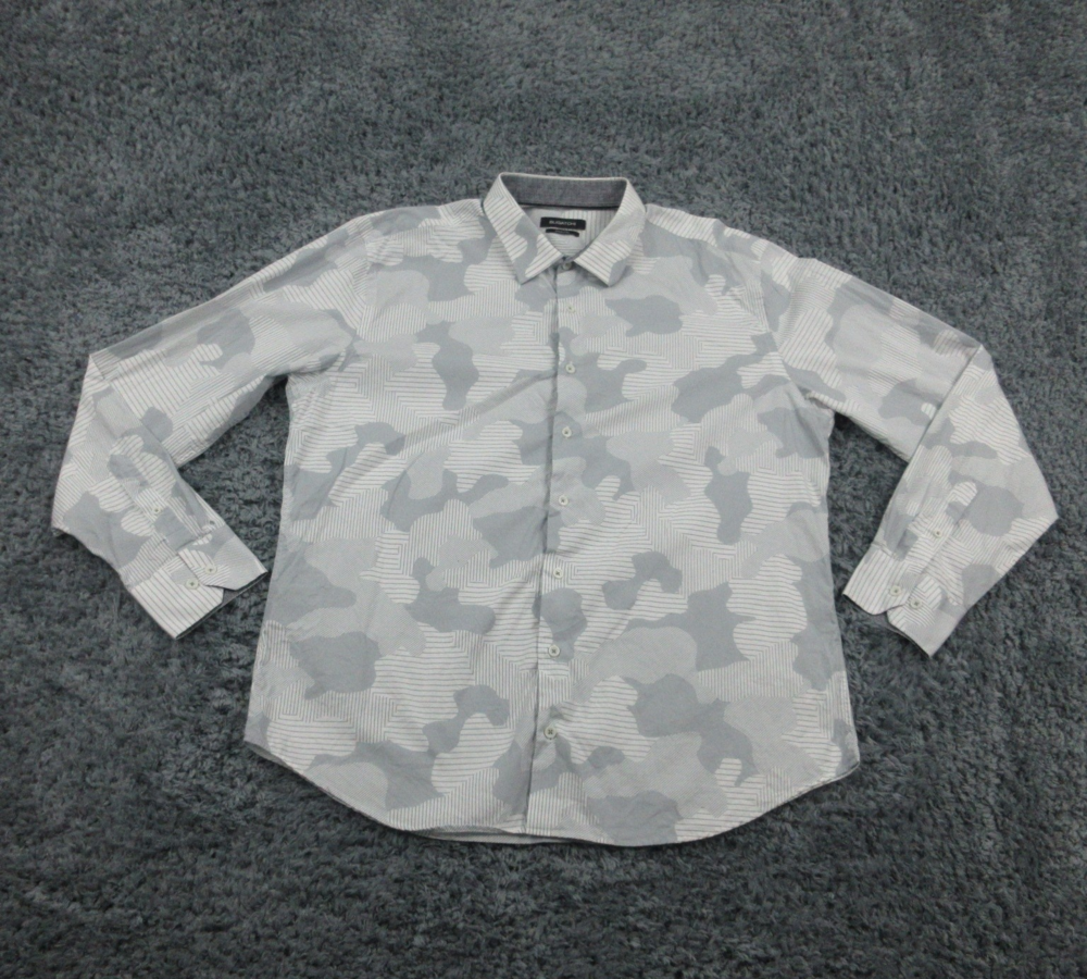 Bugatchi Shirt Mens Large Gray White Camo Pattern Shaped Fit Button Up Cotton